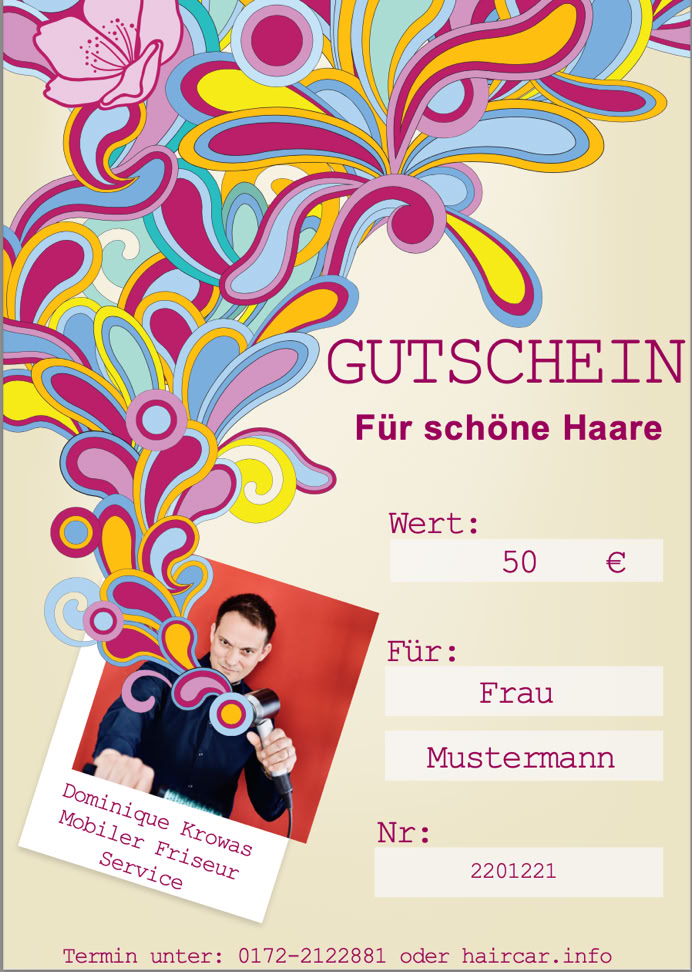 Gutschein,Vorlage,mobiler Friseur Düsseldorf , Dominique Krowas